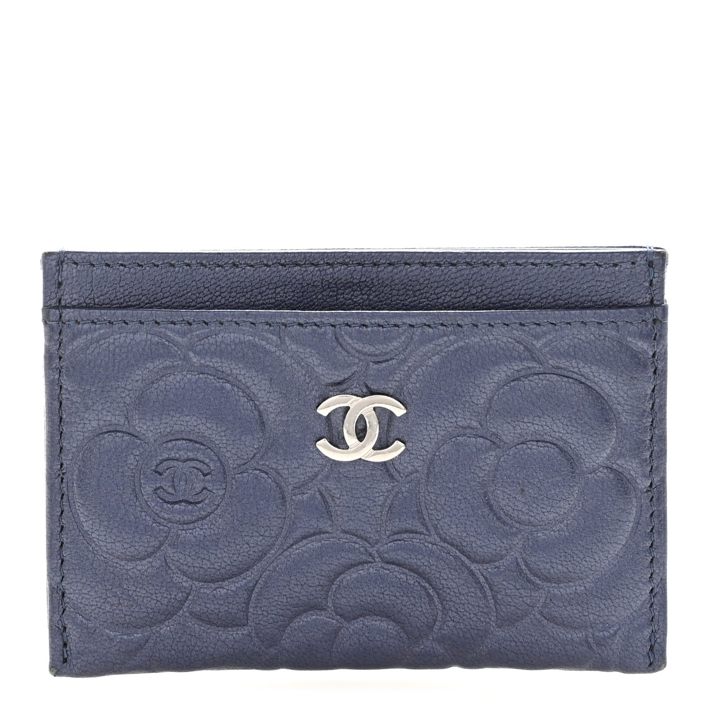 Goatskin Camellia Embossed Card Holder Dark Blue