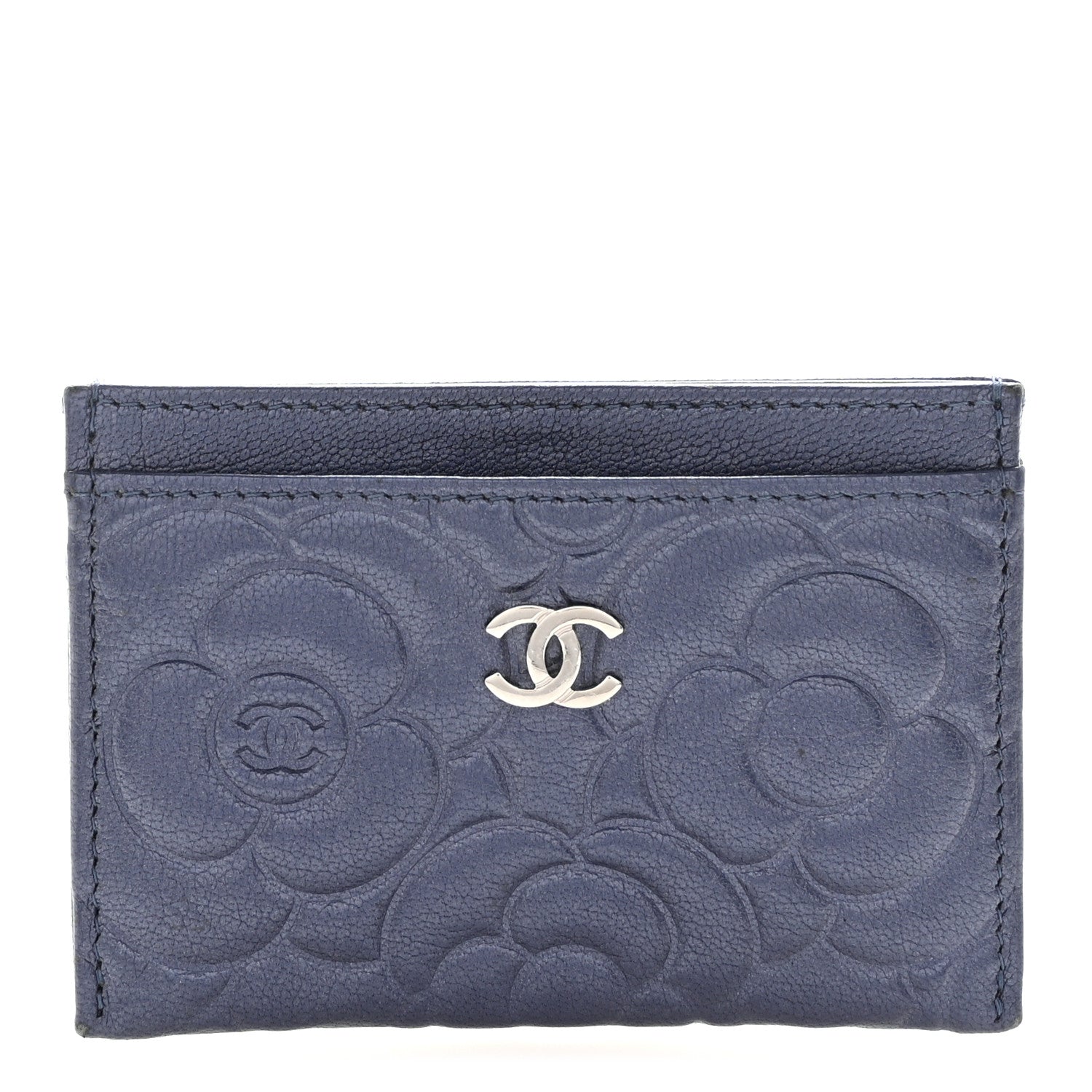 Chanel Goatskin Camellia Embossed Card Holder Dark Blue 1 of 8