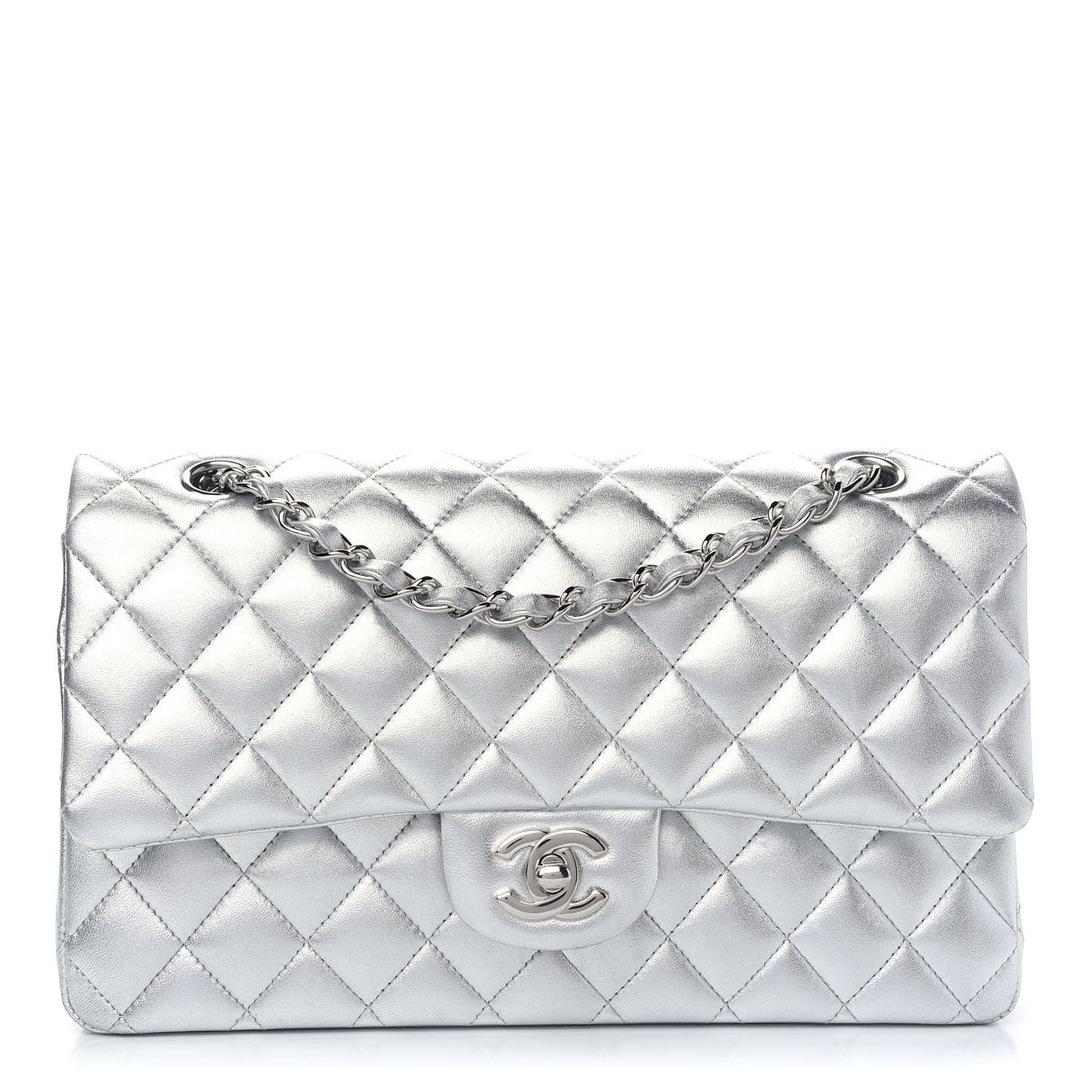 Metallic Lambskin Quilted Medium Double Flap Silver