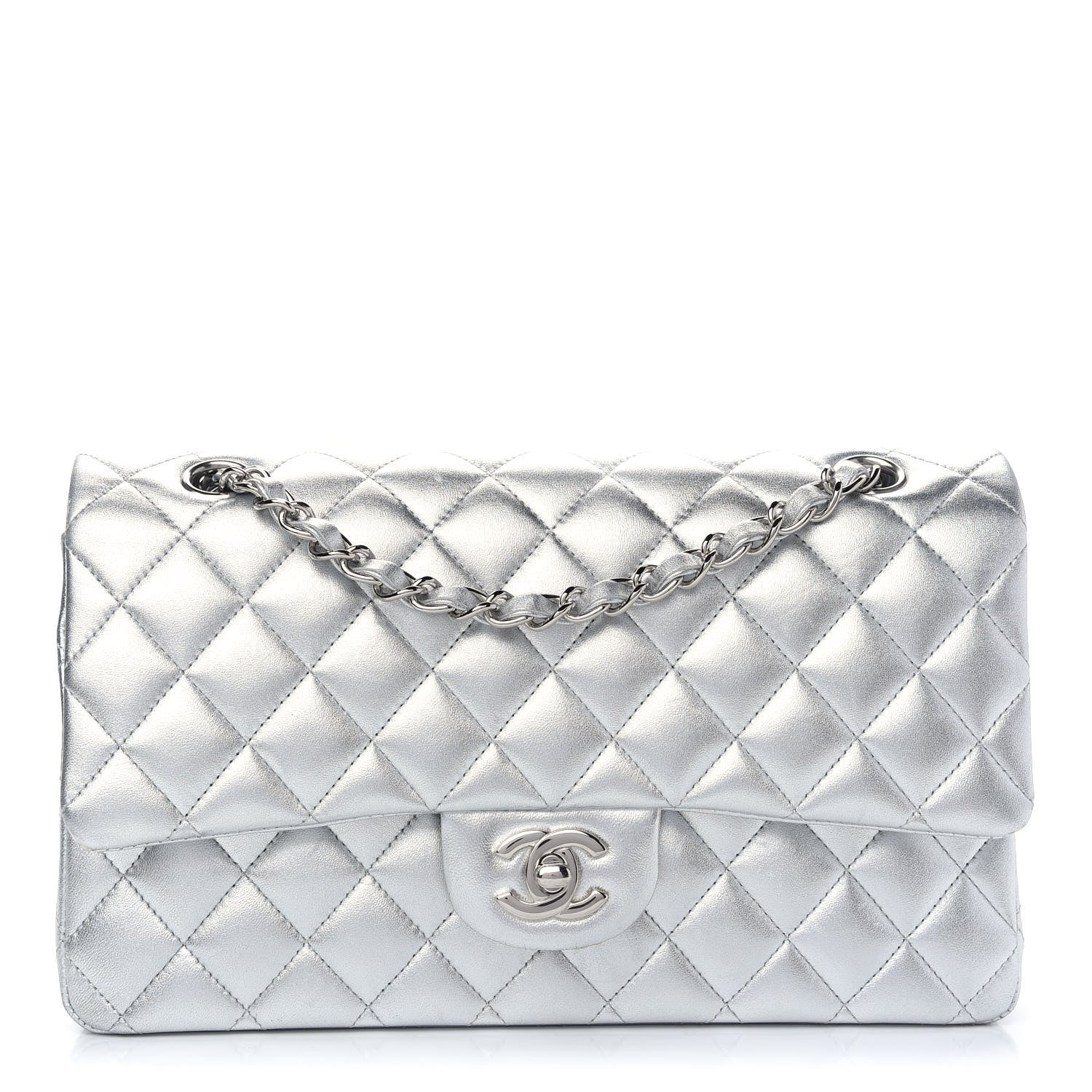 Chanel Metallic Lambskin Quilted Medium Double Flap Silver 1 of 15