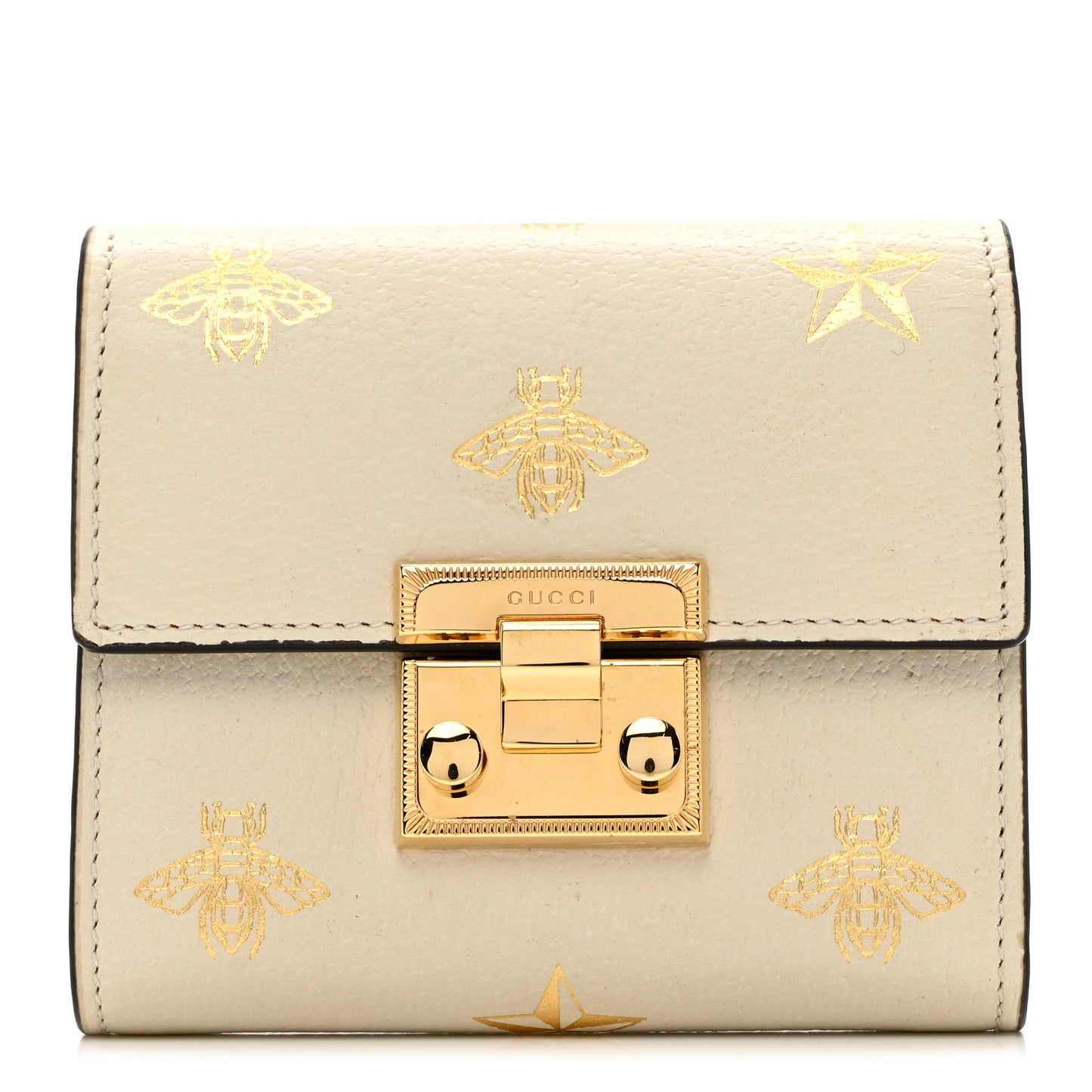 Calfskin Bee Star Print Padlock Wallet White