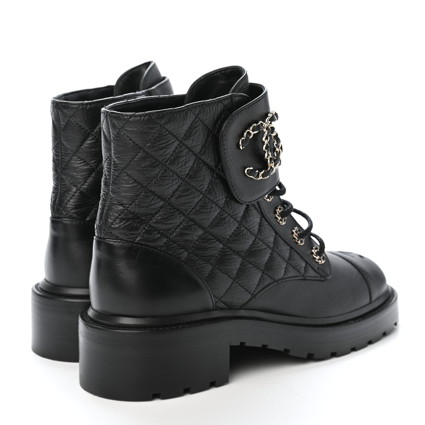 Shiny Goatskin Calfskin Quilted Lace Up Combat Boots 39.5 Black