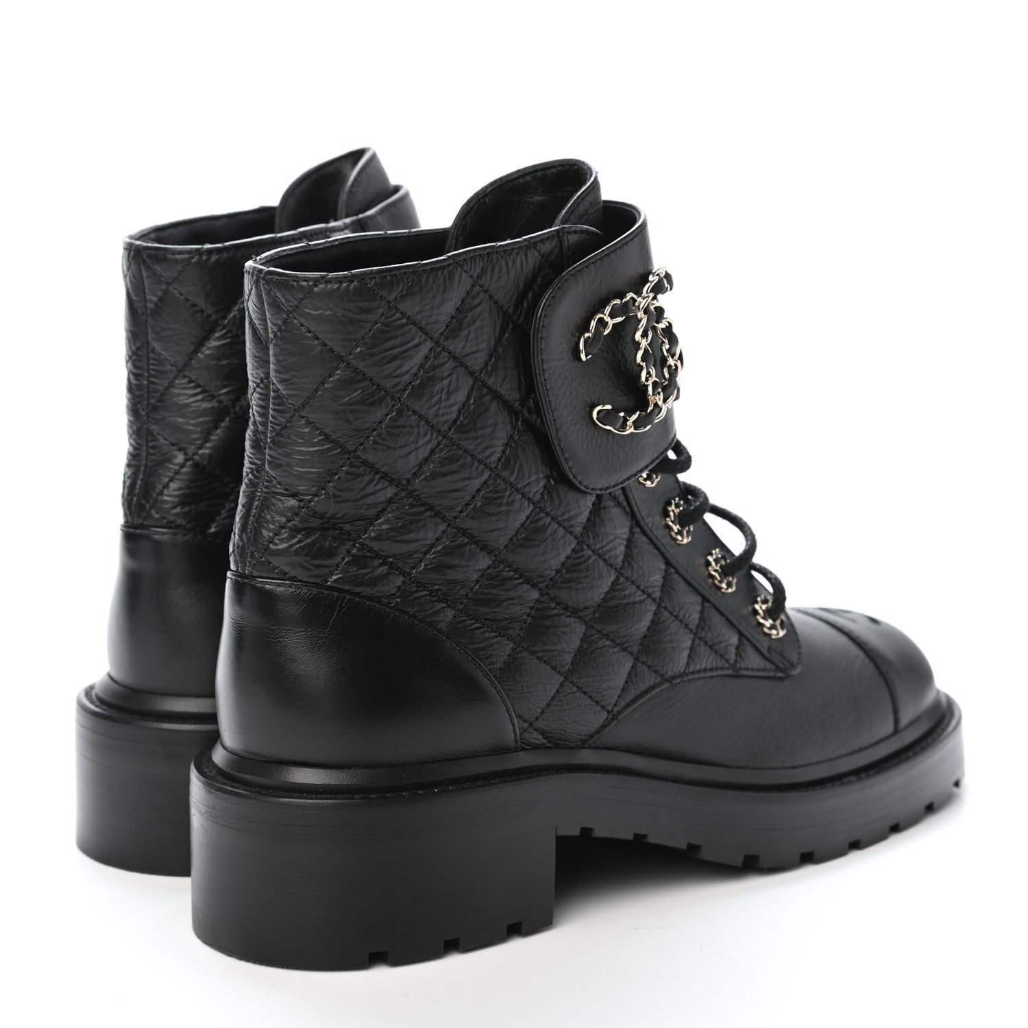 Chanel Shiny Goatskin Calfskin Quilted Lace Up Combat Boots 39.5 Black 3 of 4