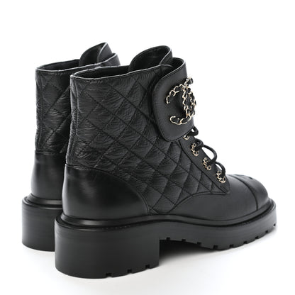 Chanel Shiny Goatskin Calfskin Quilted Lace Up Combat Boots 39.5 Black 3 of 4