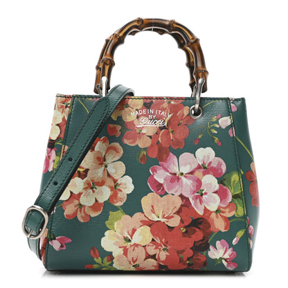 Gucci Shangai Calfskin Blooms Print Mini Bamboo Shopper Tote Bright Emerald Multicolor 1 of 10