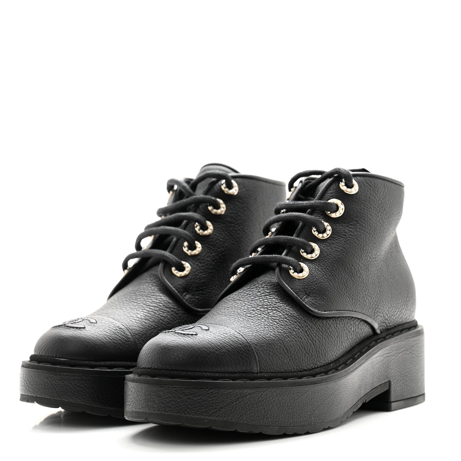 Chanel Buffalo Pearl Lace Up CC Combat Short Boots 38 Black 3 of 10