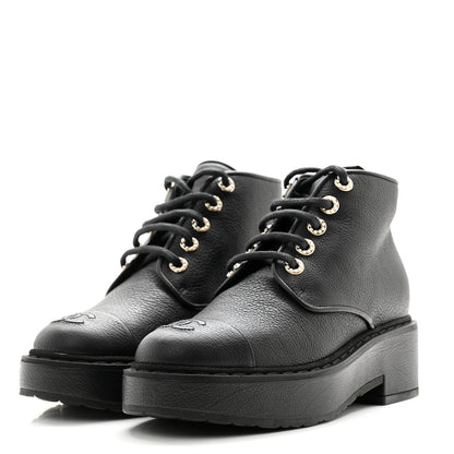 Chanel Buffalo Pearl Lace Up CC Combat Short Boots 38 Black 3 of 10