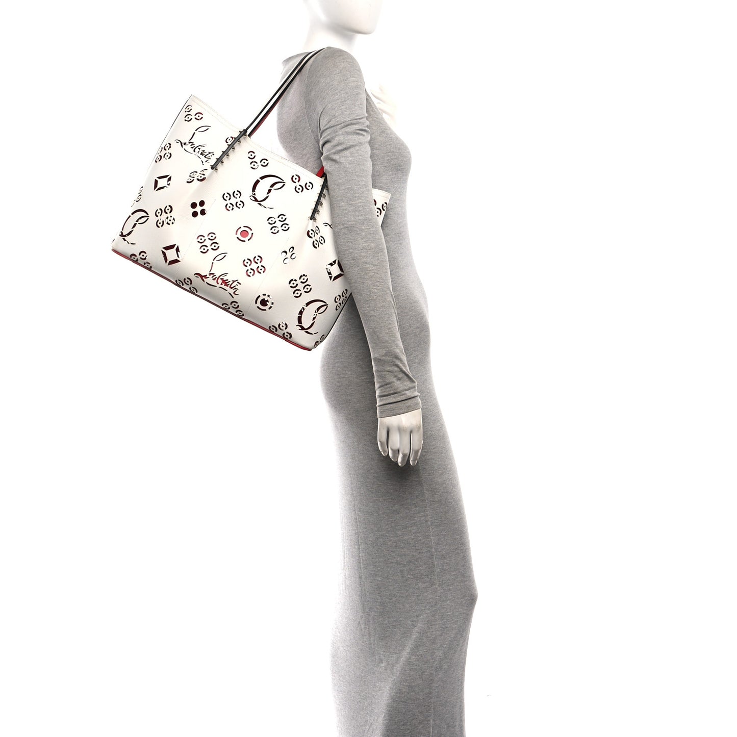Calfskin Loubinthesky Large Perforated Cabarock Spikes Tote Snow