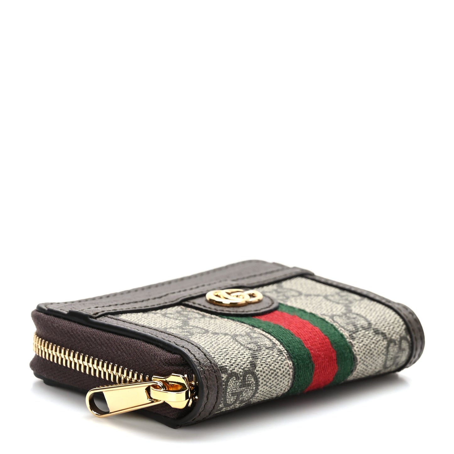 GG Supreme Monogram Textured Dollar Calfskin Web Ophidia Zip Around Card Case Wallet Beige Ebony New Acero