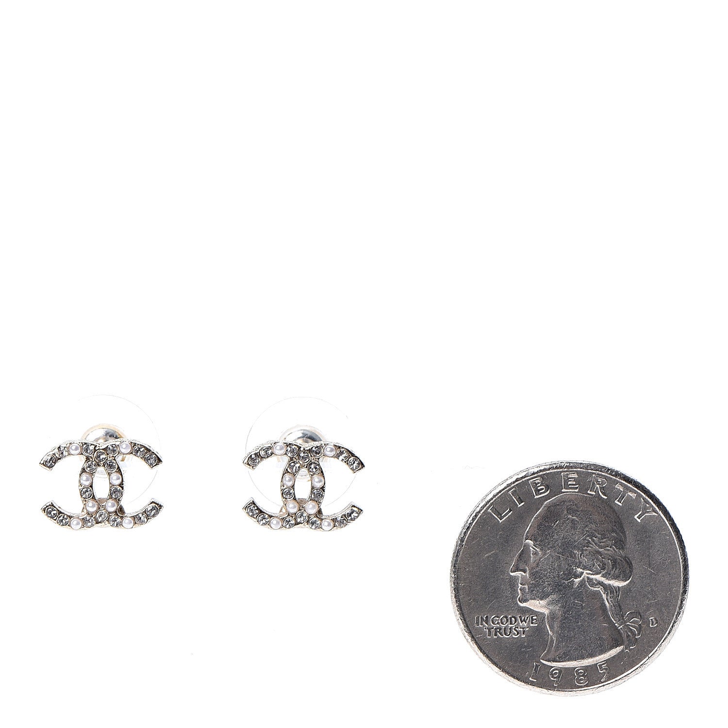 Chanel Pearl Crystal CC Charms Stud Earrings Light Gold 2 of 5