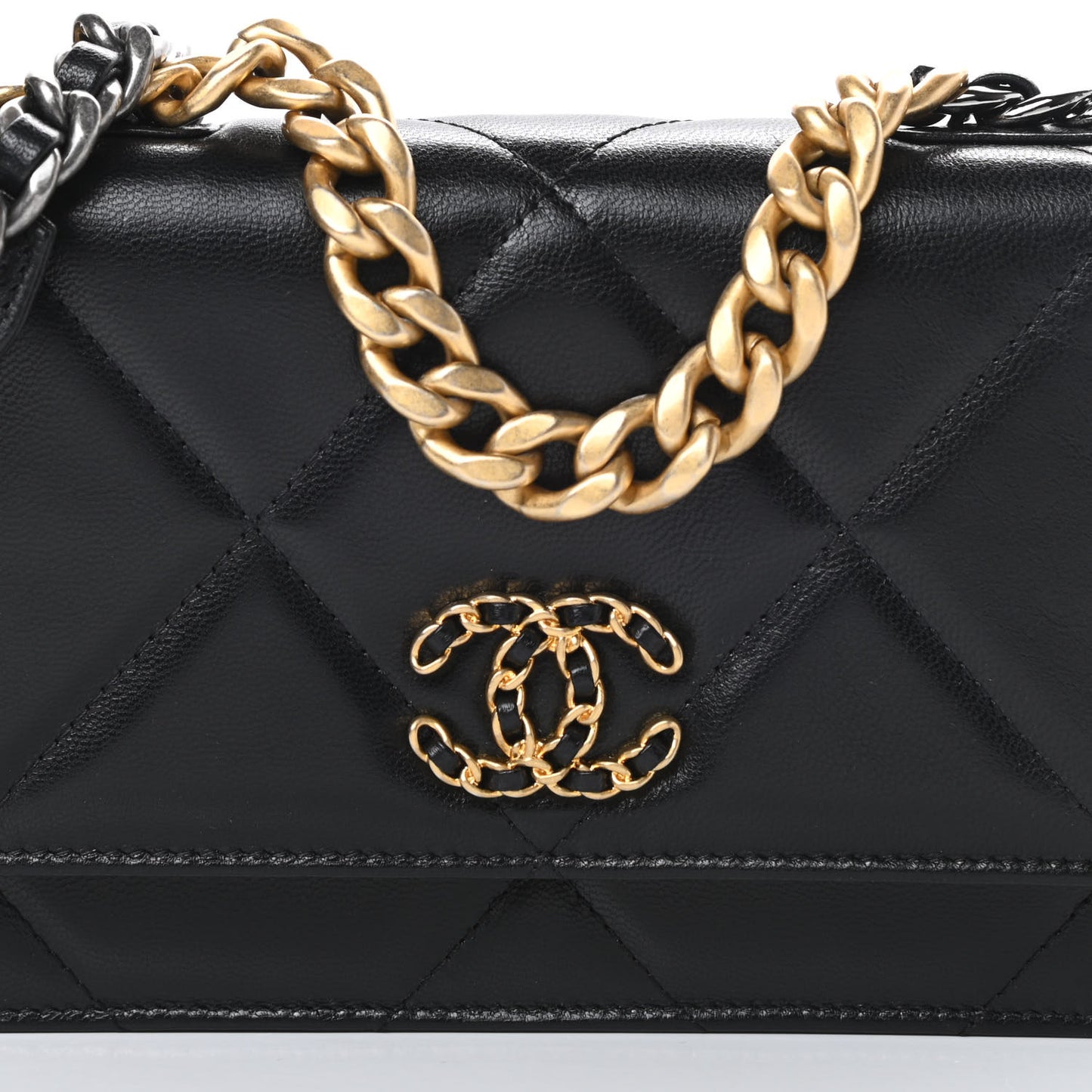 Shiny Goatskin Quilted Chanel 19 Wallet On Chain WOC Black