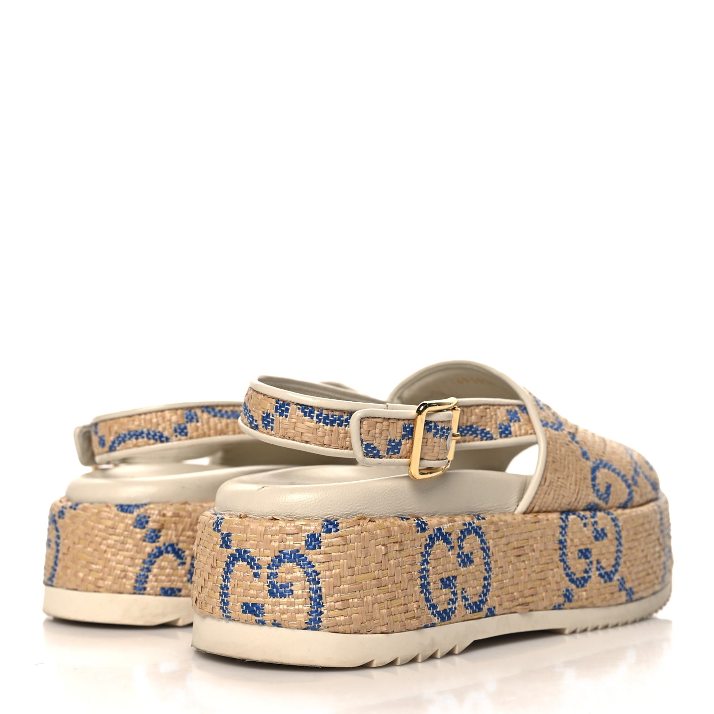 Raffia GG Monogram Granada Kid Angelina Platform 35mm Slingback Sandals 37.5 Natural Royale Mystic White