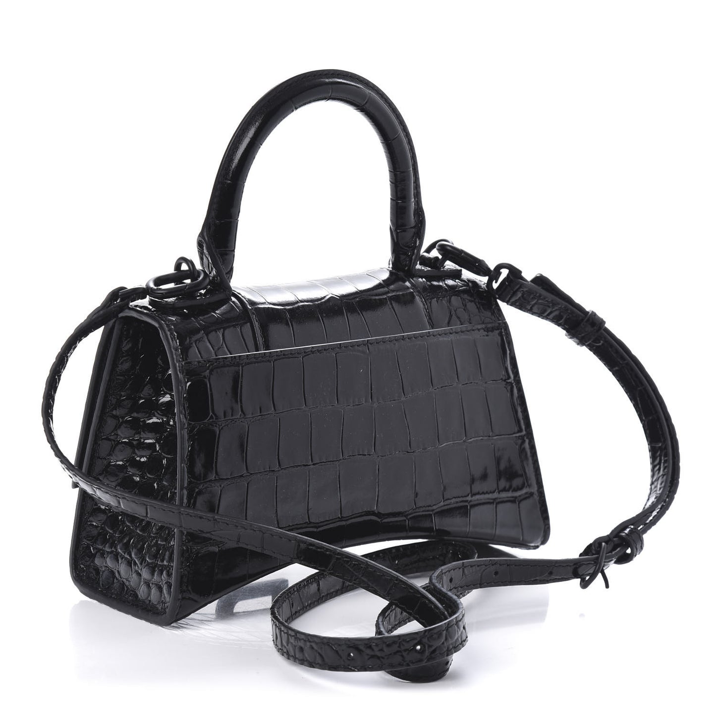 Shiny Calfskin Monochrome Crocodile Embossed Hourglass Top Handle Bag XS Black