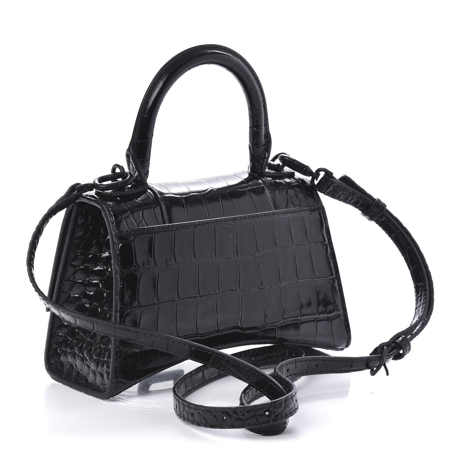 Balenciaga Shiny Calfskin Monochrome Crocodile Embossed Hourglass Top Handle Bag XS Black 3 of 9