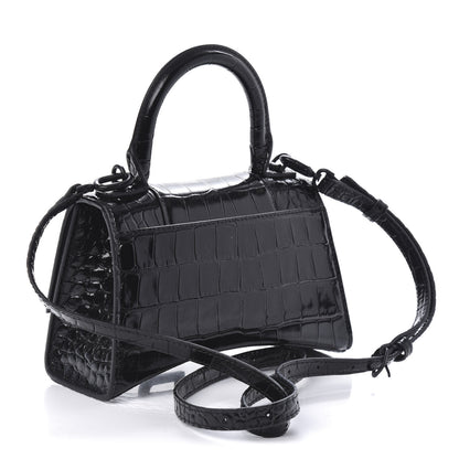 Balenciaga Shiny Calfskin Monochrome Crocodile Embossed Hourglass Top Handle Bag XS Black 3 of 9