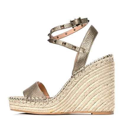Valentino Garavani Metallic Grained Calfskin Rockstud Crisscross Ankle Strap Espadrille Wedge Sandals 40 Skin Natural 1 of 4