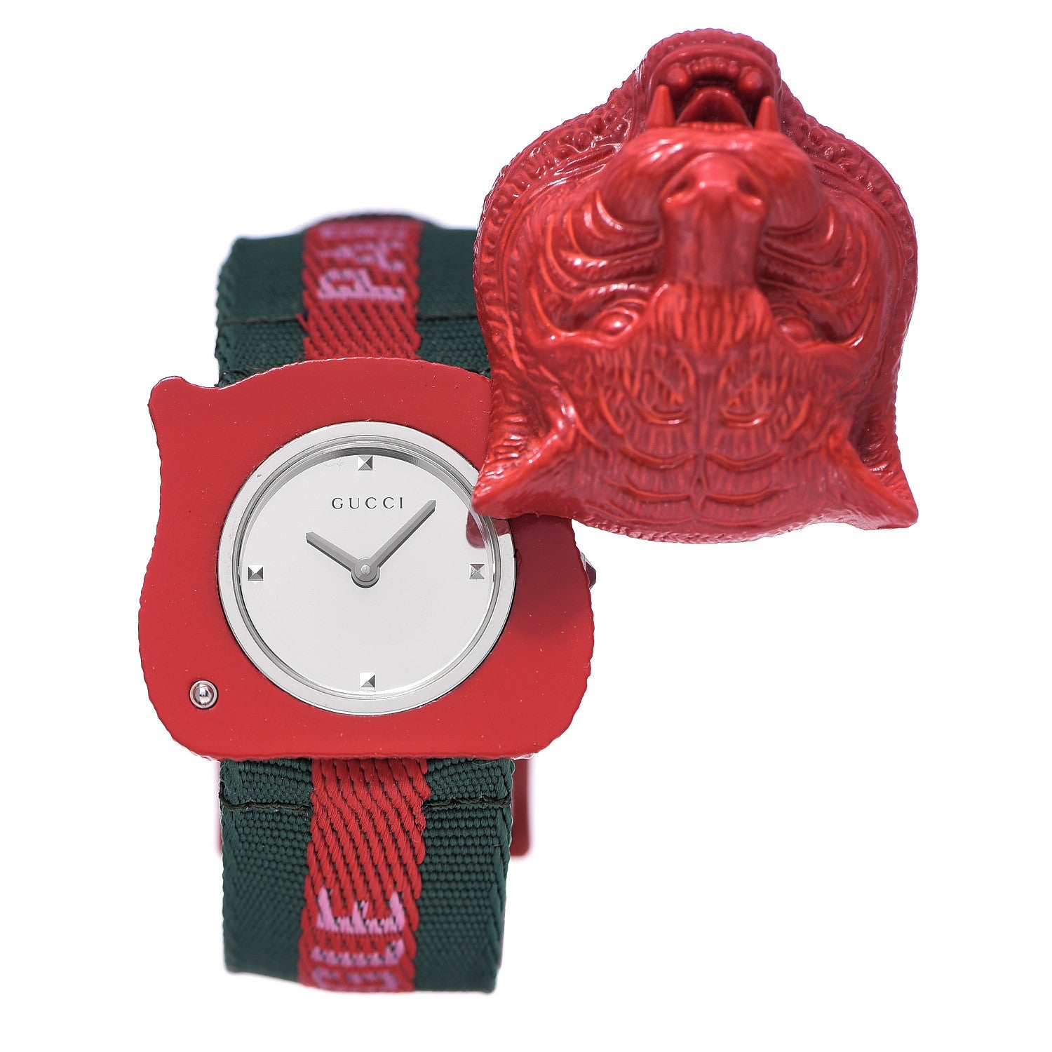 Gucci Stainless Steel Nylon 32mm Le Marche Des Merveilles Tiger Quartz Watch Red 1 of 5