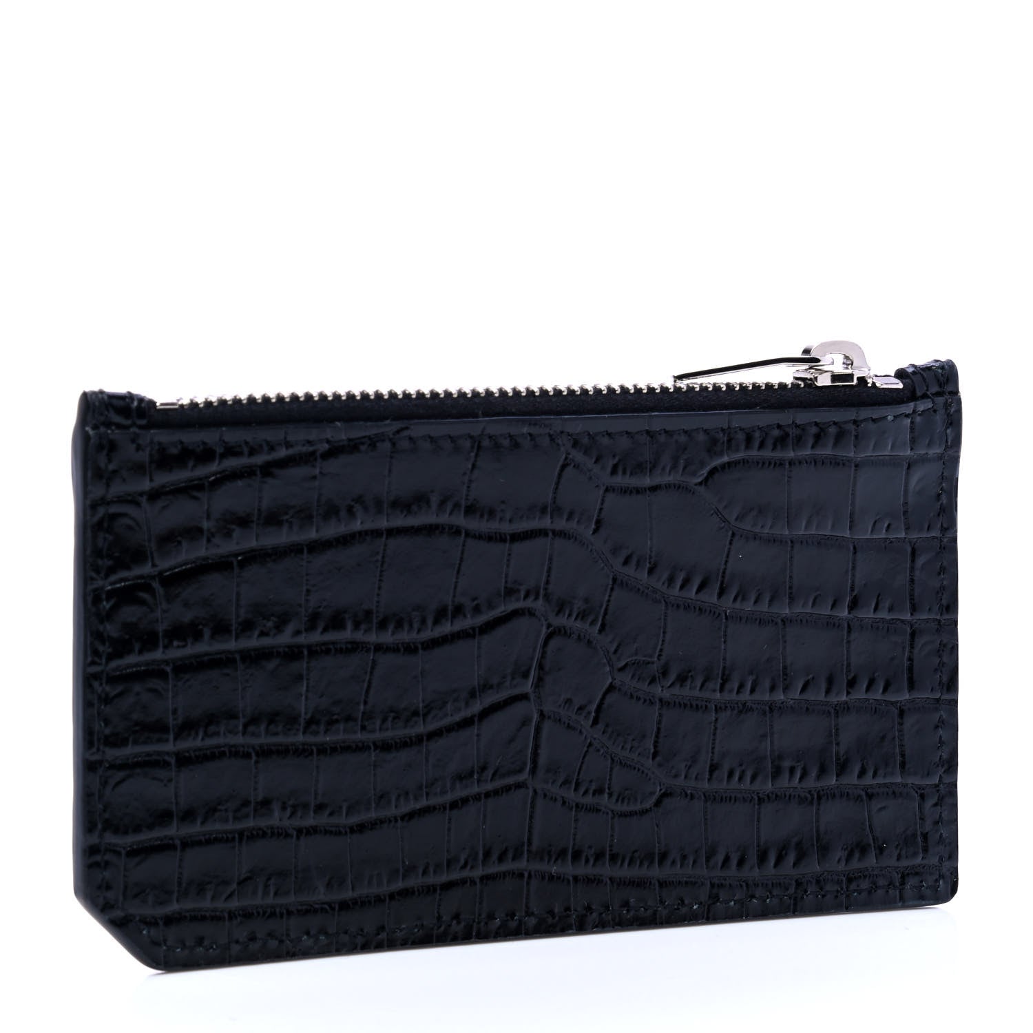 Saint Laurent Calfskin Crocodile Embossed 5 Fragments Zip Pouch Card Holder Black 2 of 6