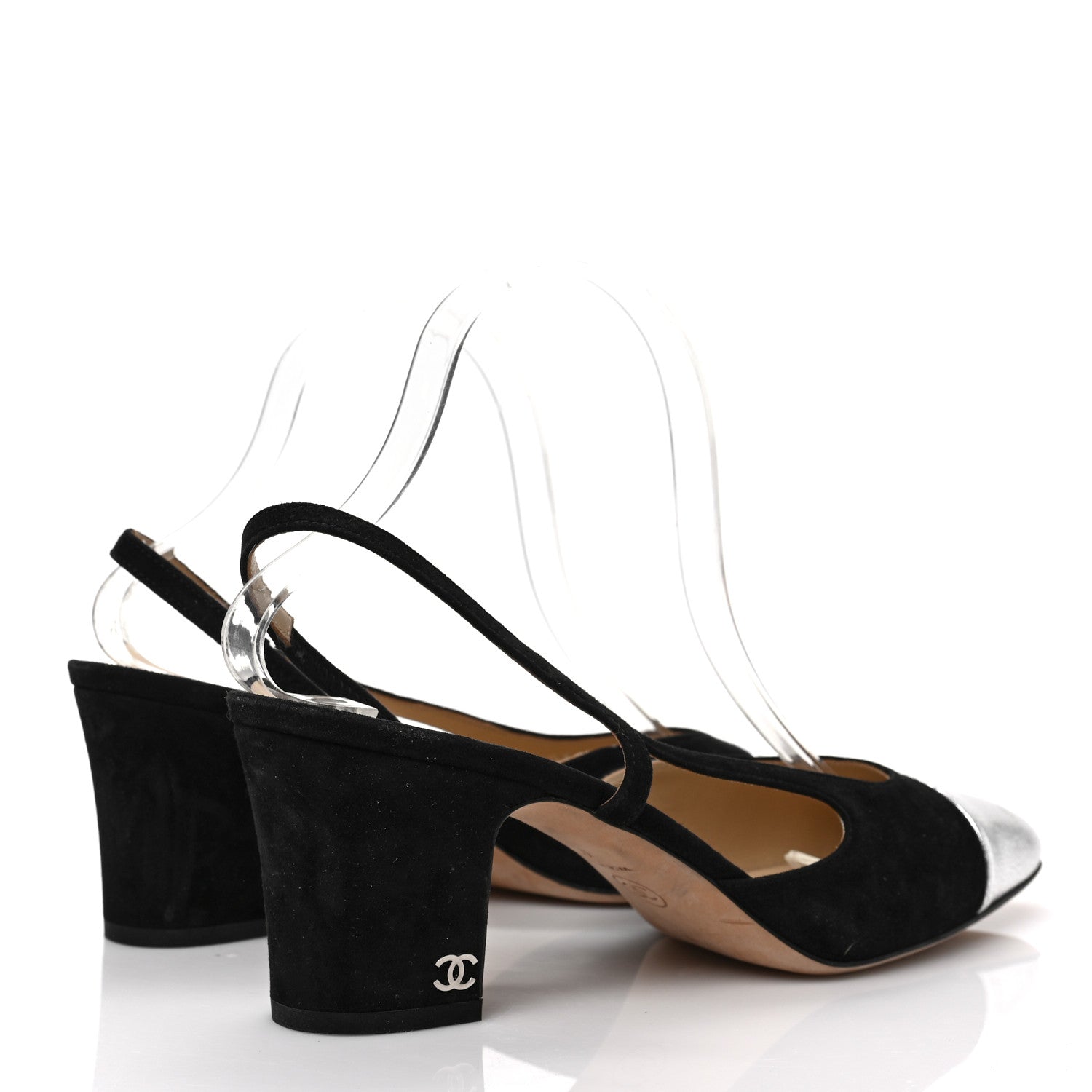 Chanel Kid Suede Metallic Lambskin Cap Toe CC Slingback Pumps 41 Black Silver 4 of 6