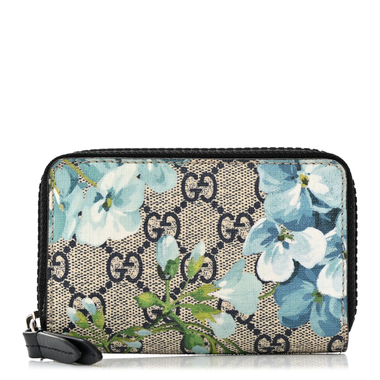 GG Supreme Monogram Blooms Zip Around Card Case Wallet Beige Blue Navy