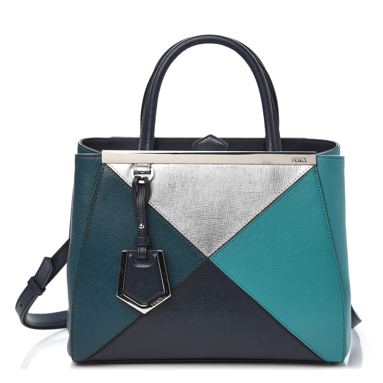 Fendi Vitello Elite Colorblock Petite 2Jours Tote Lavagna Oceano Argento 1 of 9