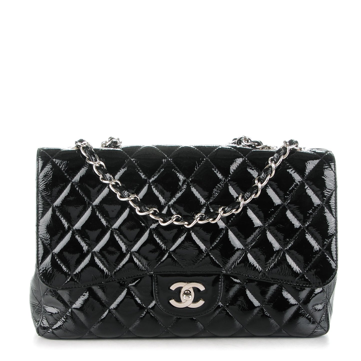 Distressed Patent Quilted Jumbo Single Flap Black