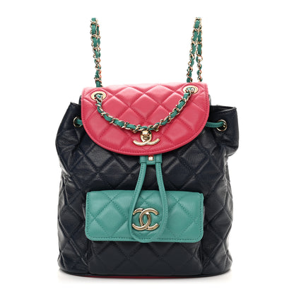 Chanel Goatskin Quilted Duma Drawstring Backpack Navy Turquoise Pink 1 of 10