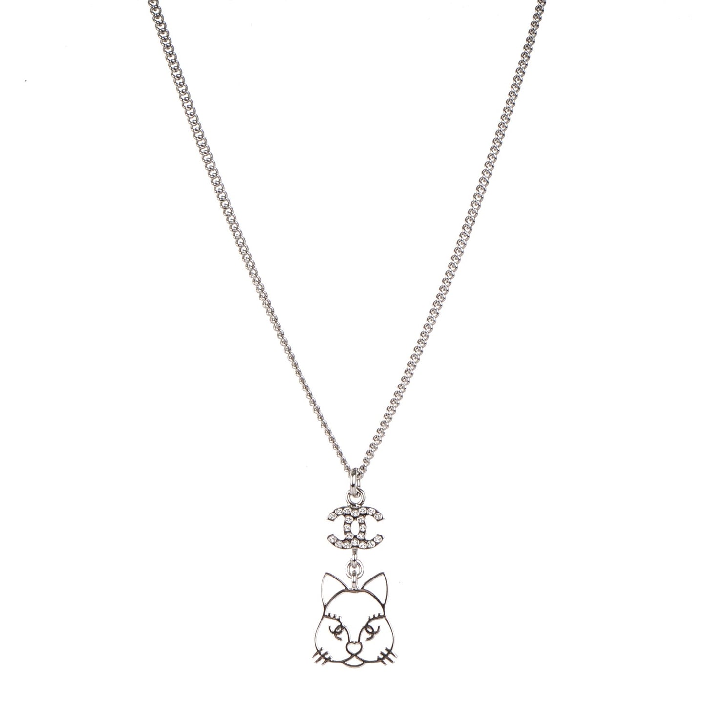 Crystal Emoji Choupette Cat Pendant Necklace Silver