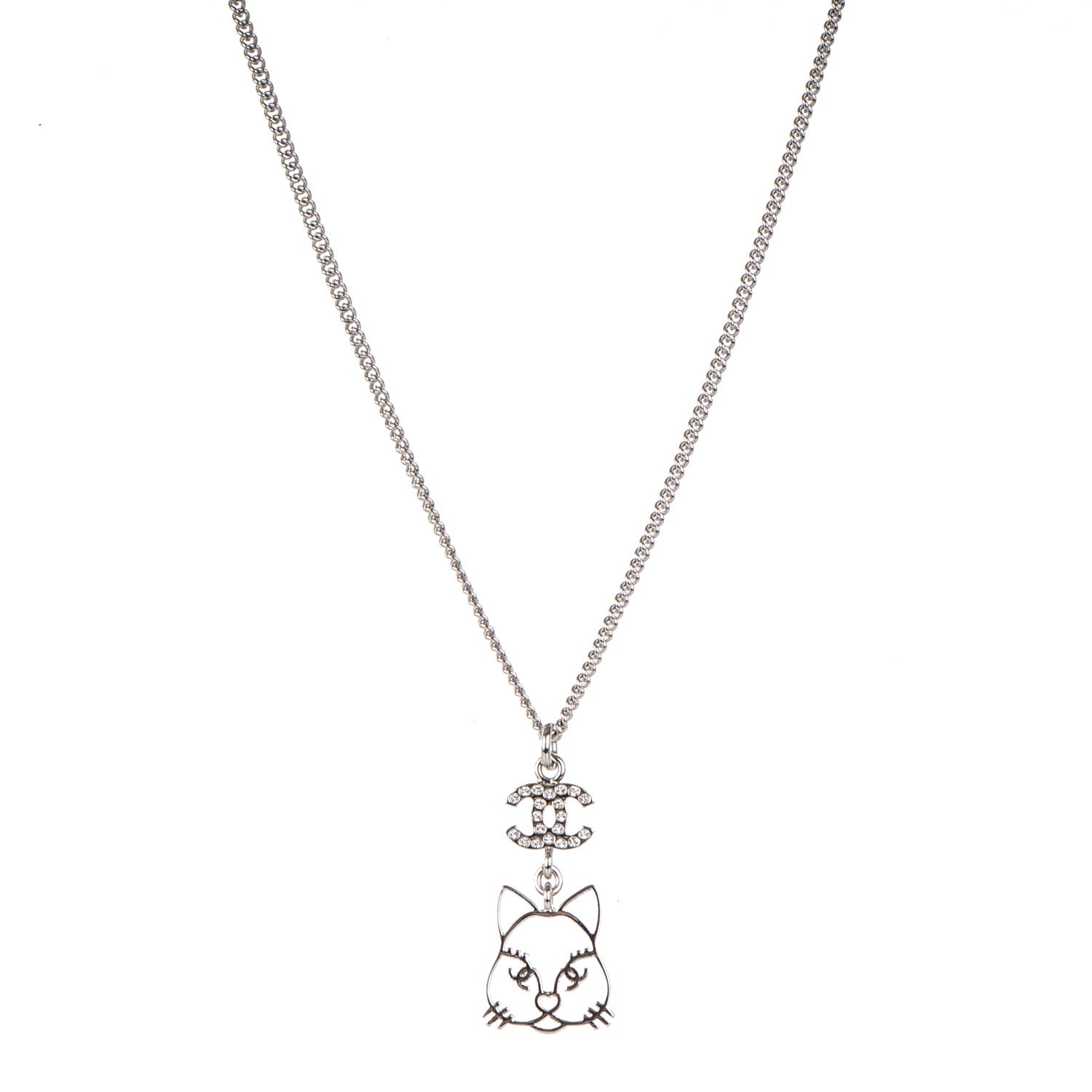 Chanel Crystal Emoji Choupette Cat Pendant Necklace Silver 1 of 4