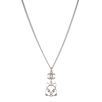 Chanel Crystal Emoji Choupette Cat Pendant Necklace Silver 1 of 4