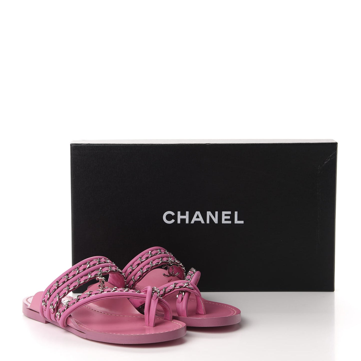 Calfskin Chain CC Thong Flat Sandals 35 Pink