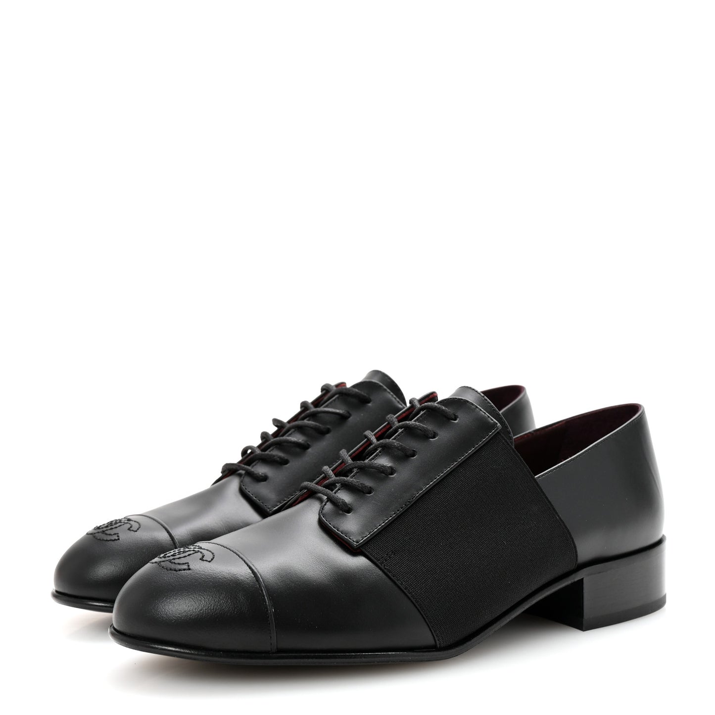 Calfskin Elastic Lace Up Cap Toe CC Loafers 37.5 Black