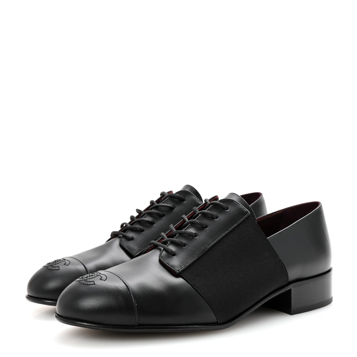 Chanel Calfskin Elastic Lace Up Cap Toe CC Loafers 37.5 Black 4 of 9