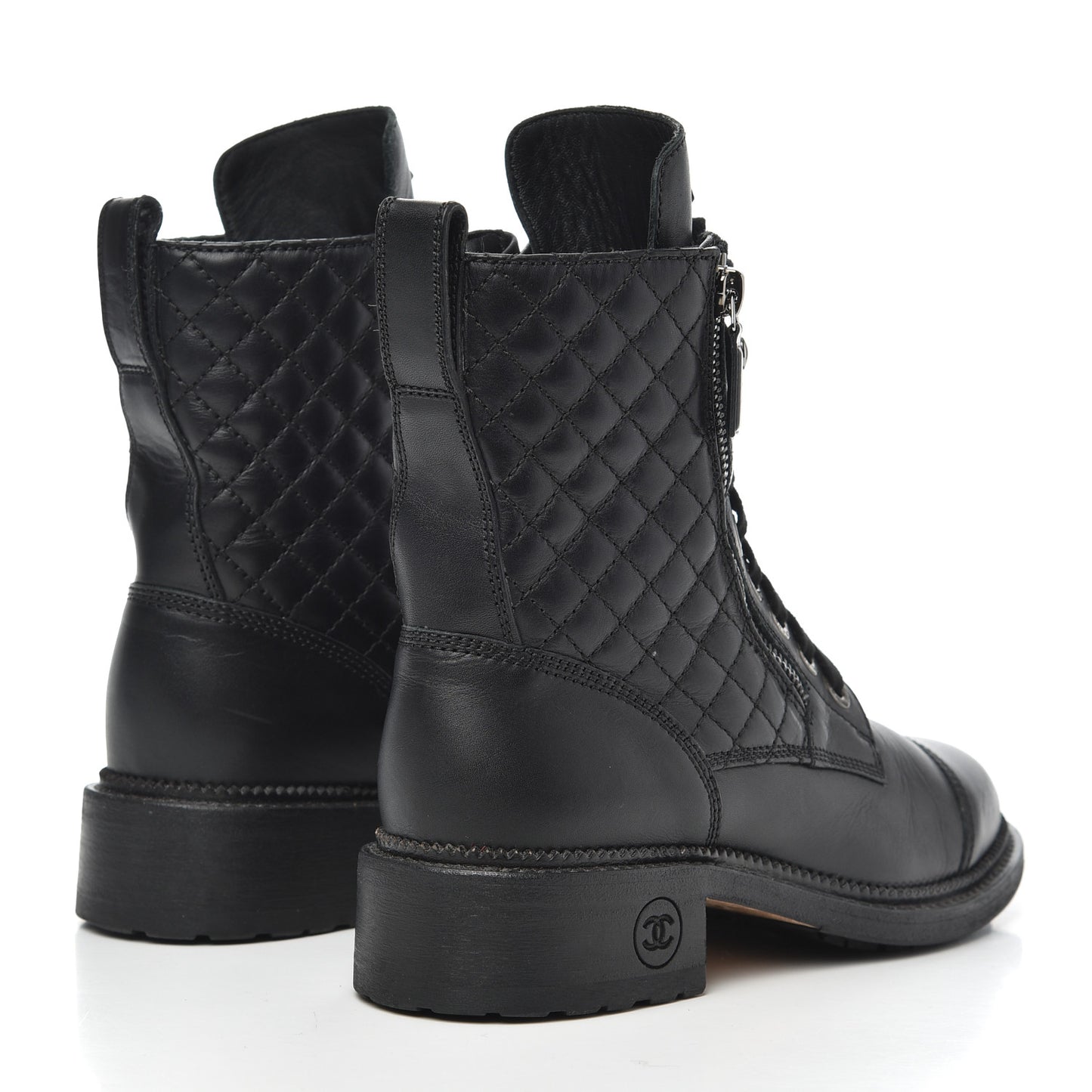 Calfskin Quilted Lace Up Combat Boots 37 Black