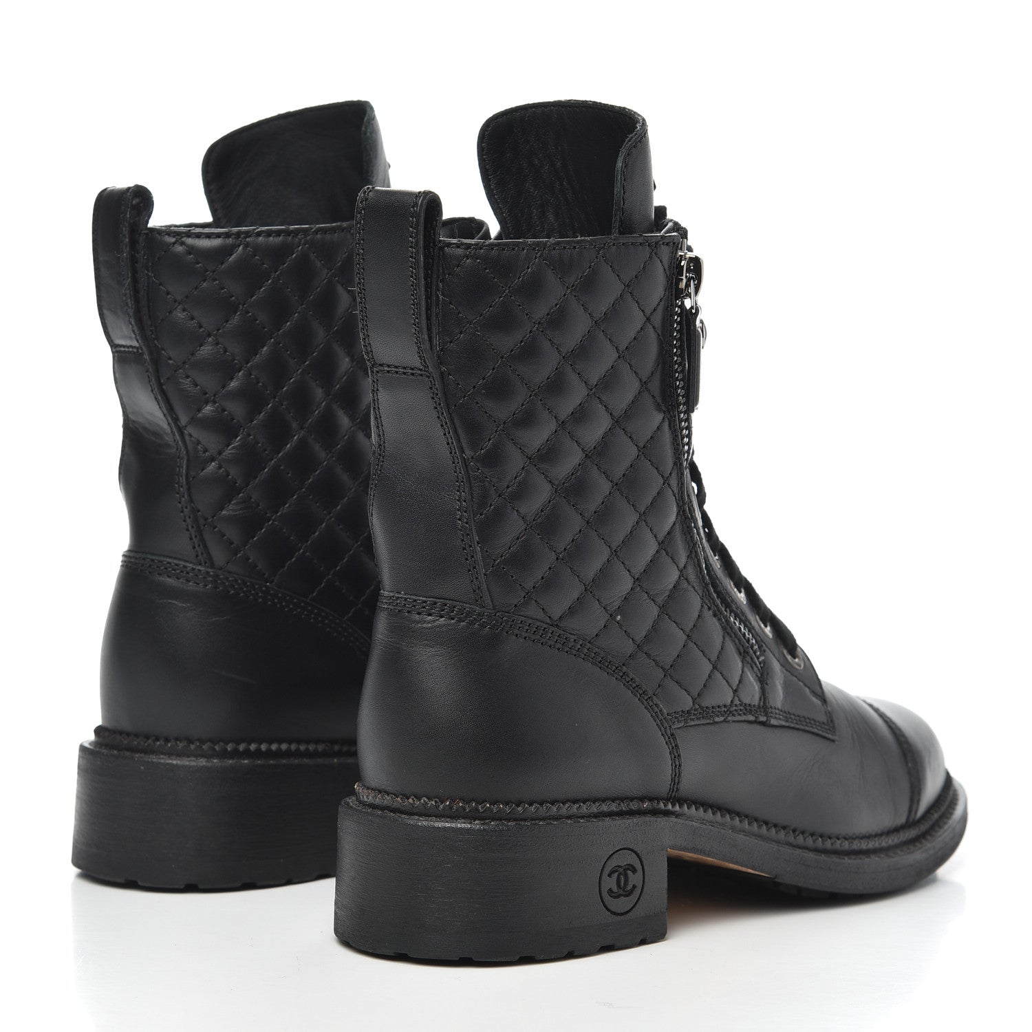 Chanel Calfskin Quilted Lace Up Combat Boots 37 Black 4 of 26