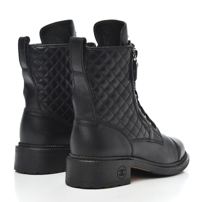 Chanel Calfskin Quilted Lace Up Combat Boots 37 Black 4 of 26
