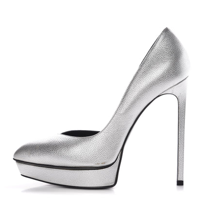 Saint Laurent Metallic Grained Calfskin Janis 105 D'Orsay Pumps 38.5 Argento 1 of 16