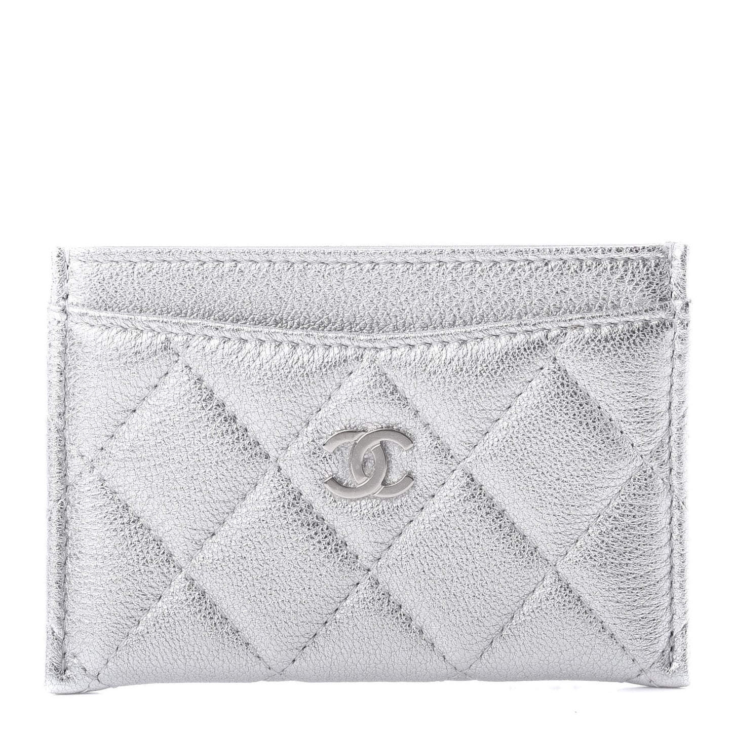 Metallic Lambskin Quilted Card Holder Silver