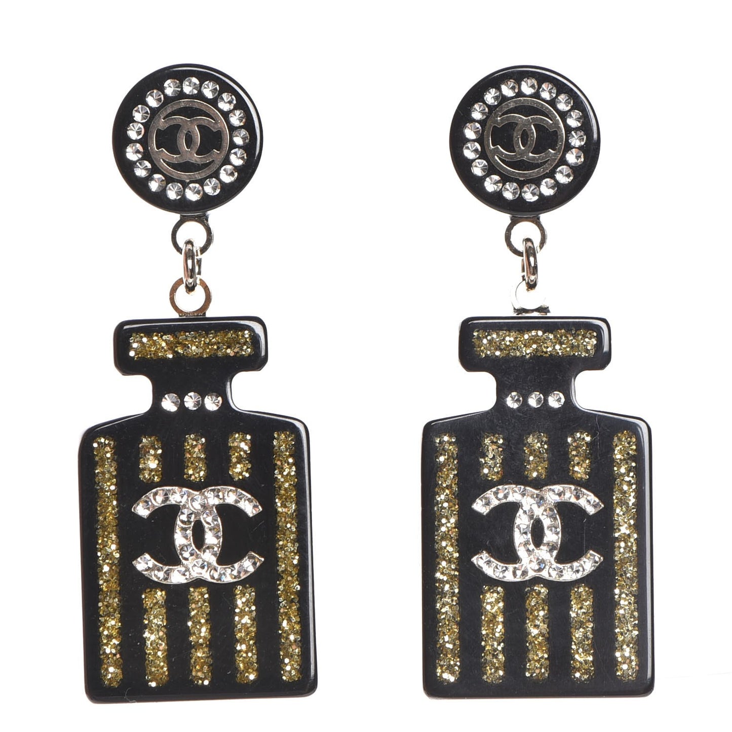 Resin Strass Perfume Bottle CC Earrings Black Gold