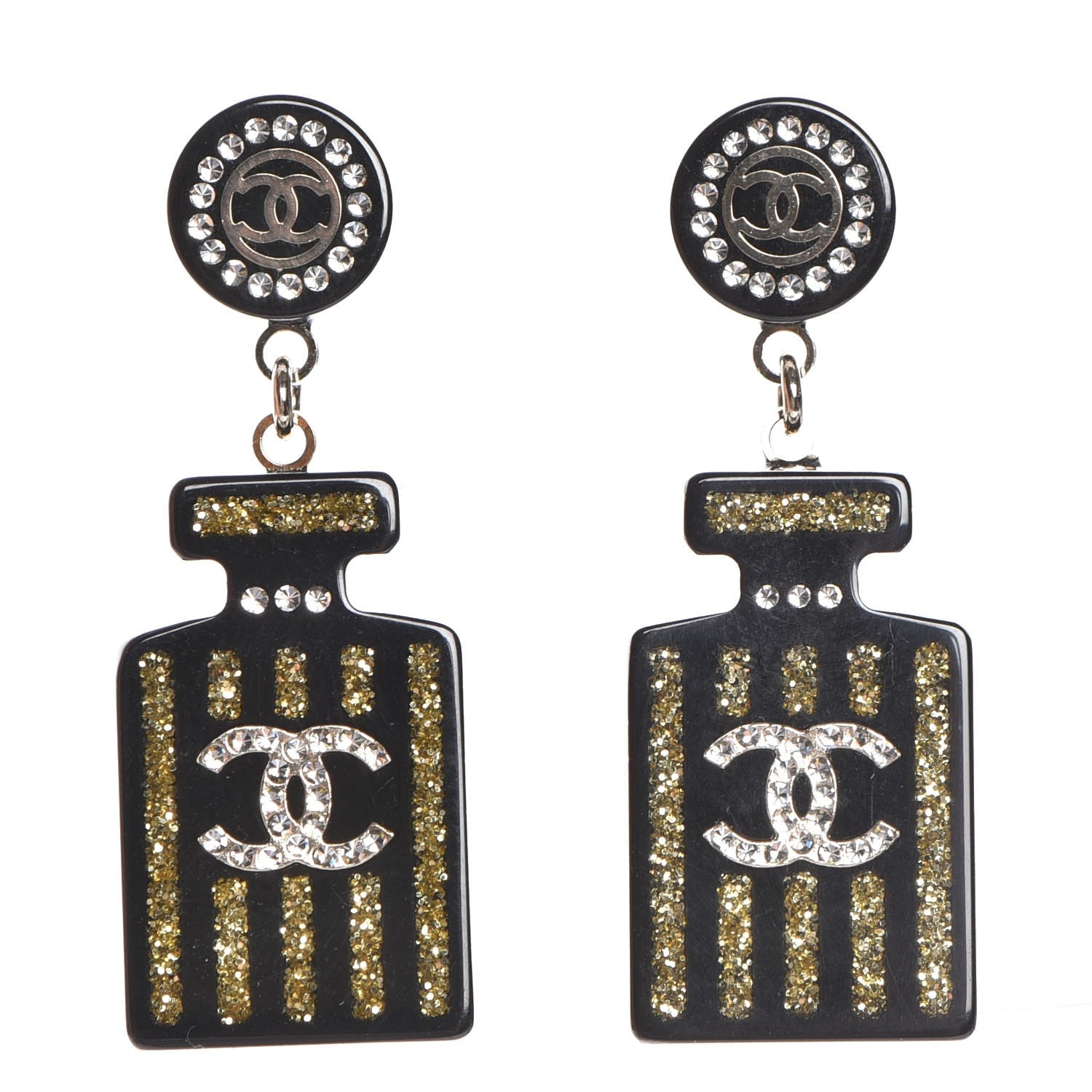 Chanel Resin Strass Perfume Bottle CC Earrings Black Gold 1 of 5