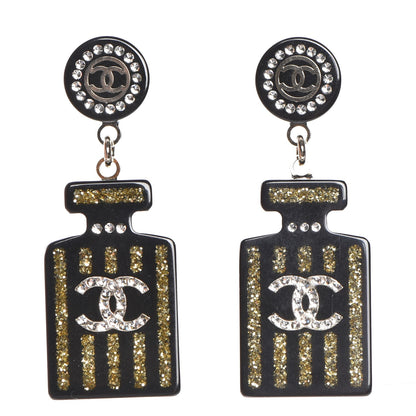 Chanel Resin Strass Perfume Bottle CC Earrings Black Gold 1 of 5