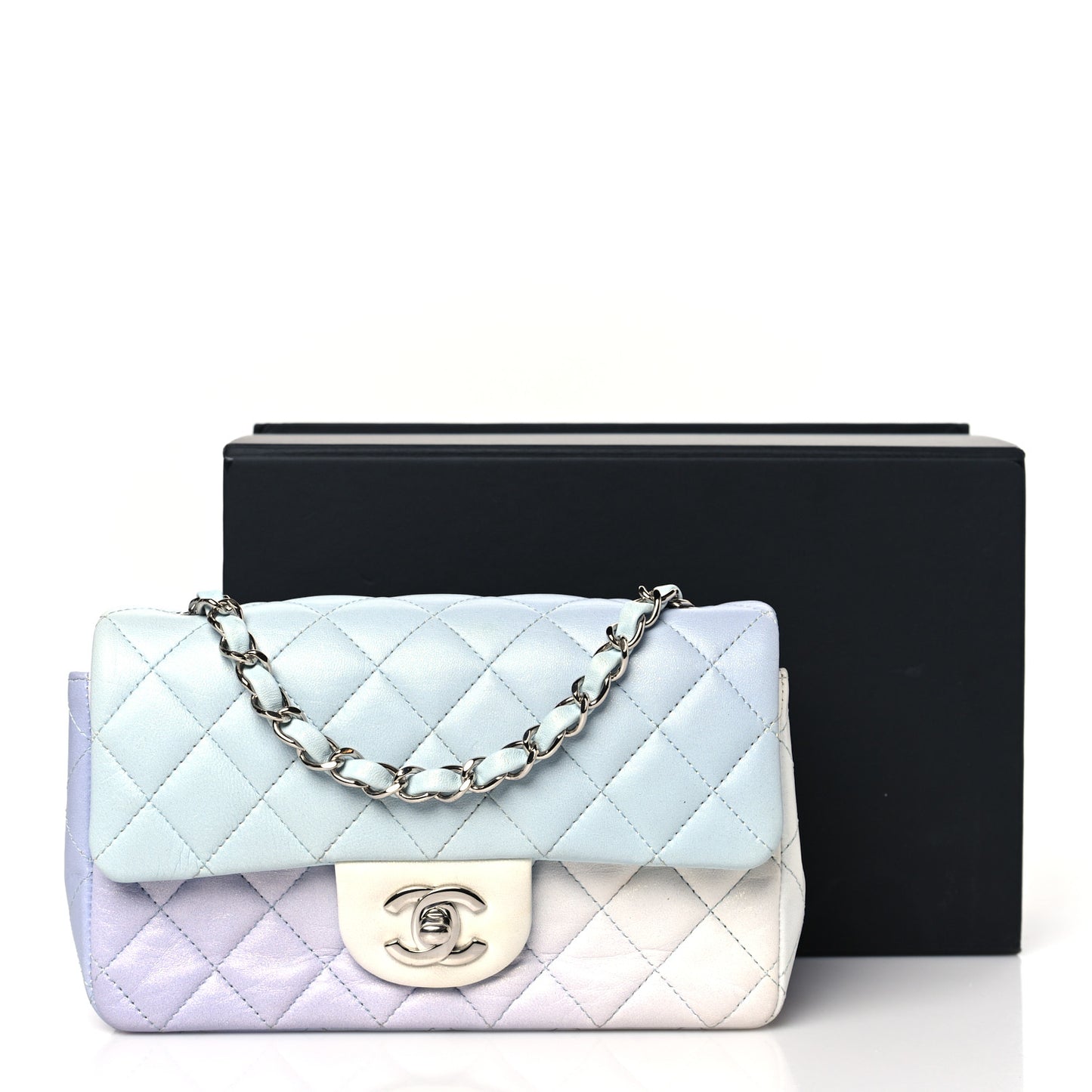 Perforated Lambskin Quilted Mini Rectangular Flap Light Blue Light Purple White