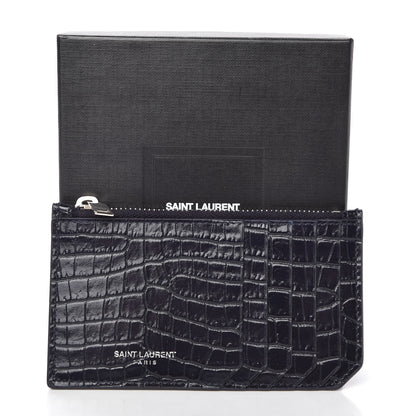 Saint Laurent Calfskin Crocodile Embossed 5 Fragments Zip Pouch Card Holder Blue Marine 9 of 9