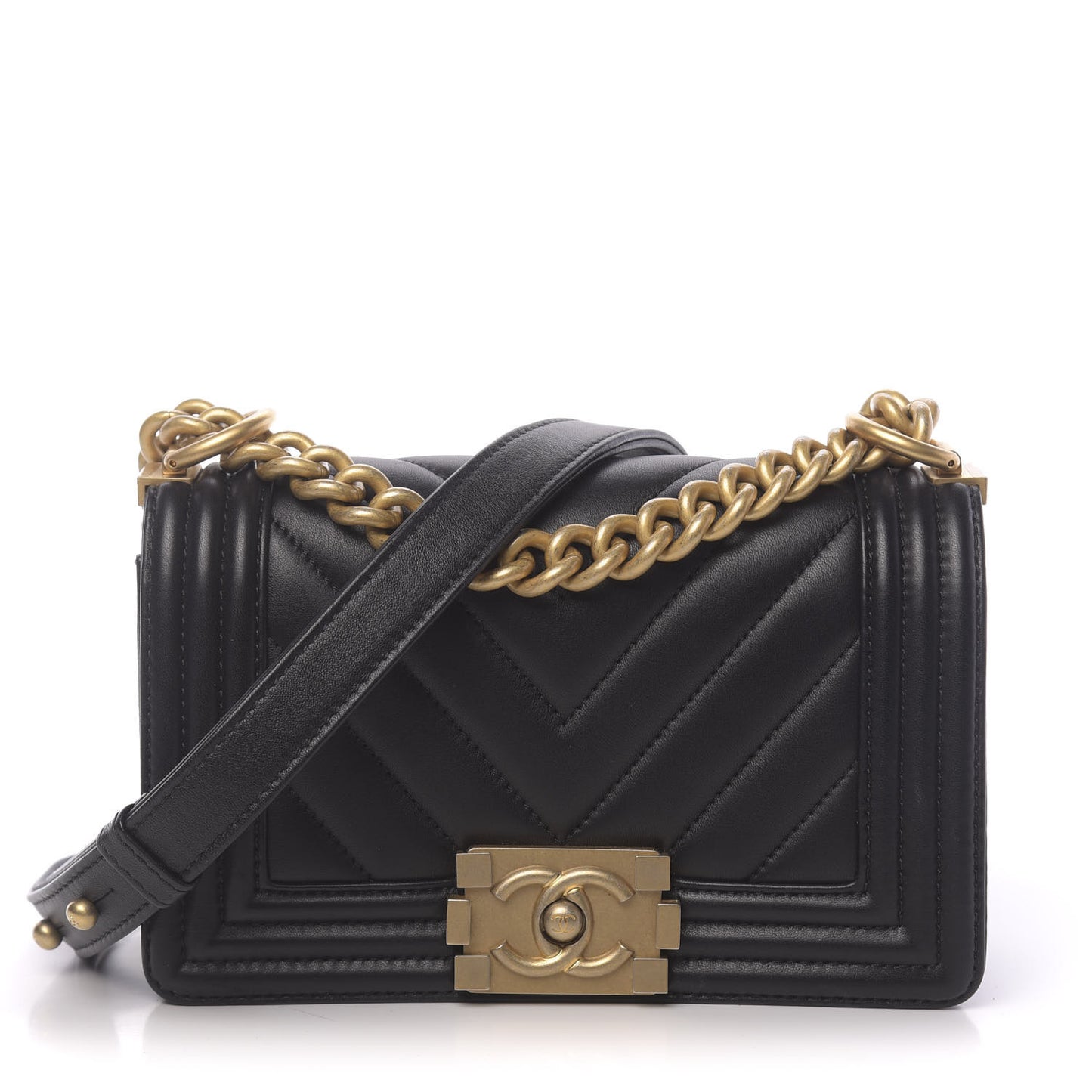 Lambskin Chevron Quilted Small Boy Flap Black
