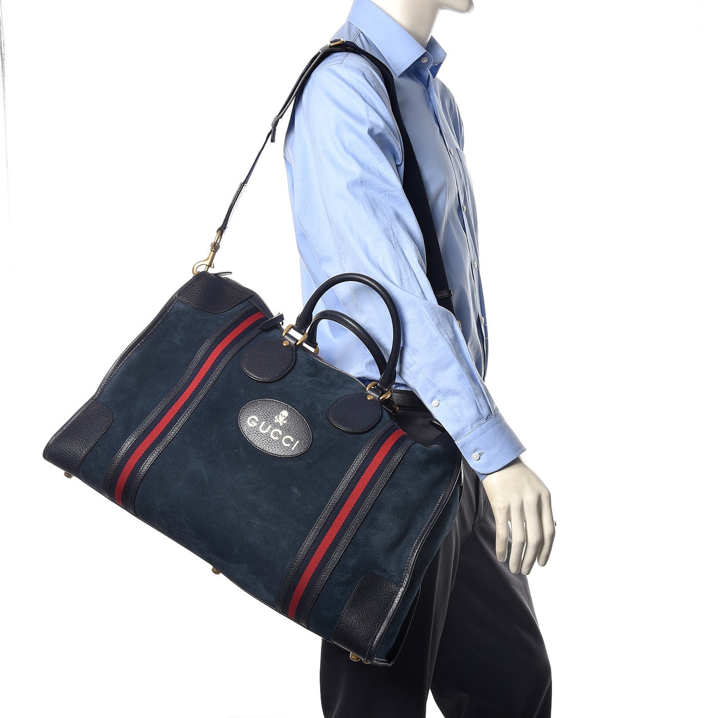 Suede Daino Textured Dollar Calfskin Web Large Duffle Bag Blue