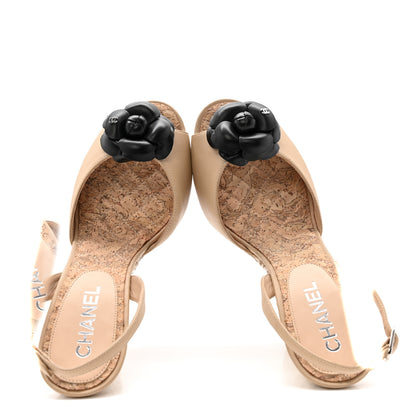 Chanel Lambskin Slingback Camellia Wedge Sandals 40 Beige Black 2 of 12
