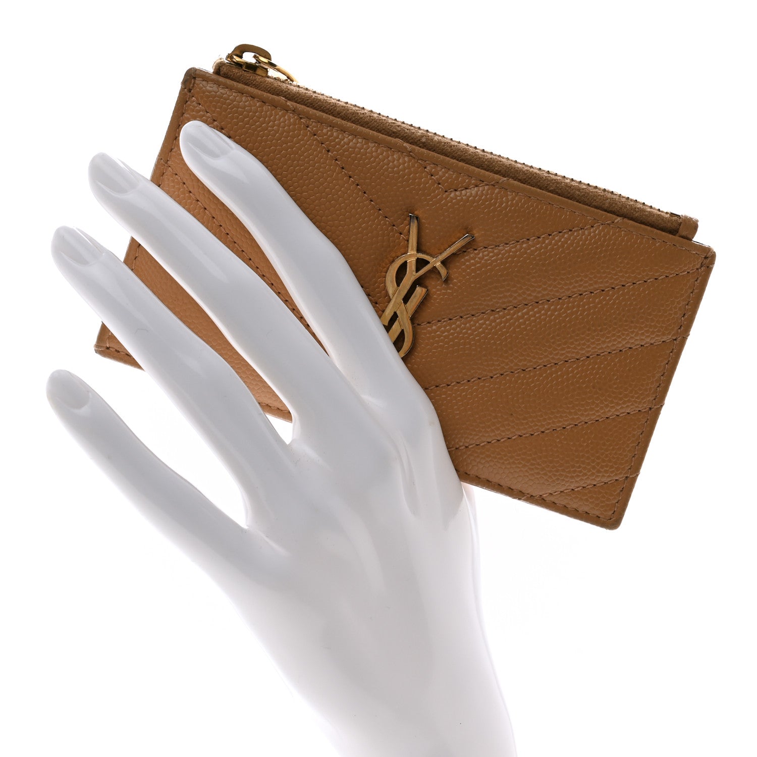 Saint Laurent Grain De Poudre Matelasse Chevron Monogram Fragments Zippered Card Case Cork 2 of 9
