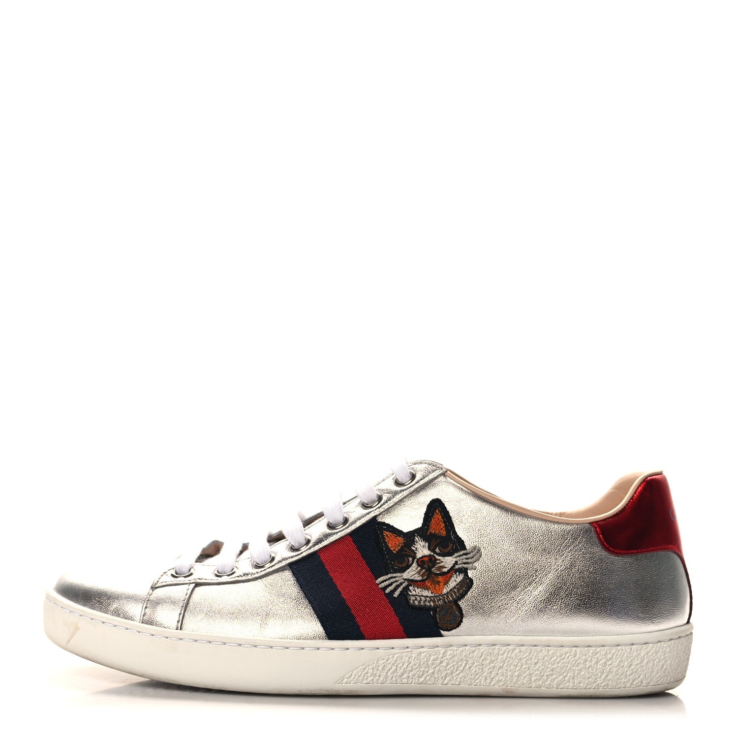 Gucci Metallic Nappa Silk Ayers Web Embroidered Womens Ace Sneakers 38 Silver 1 of 9