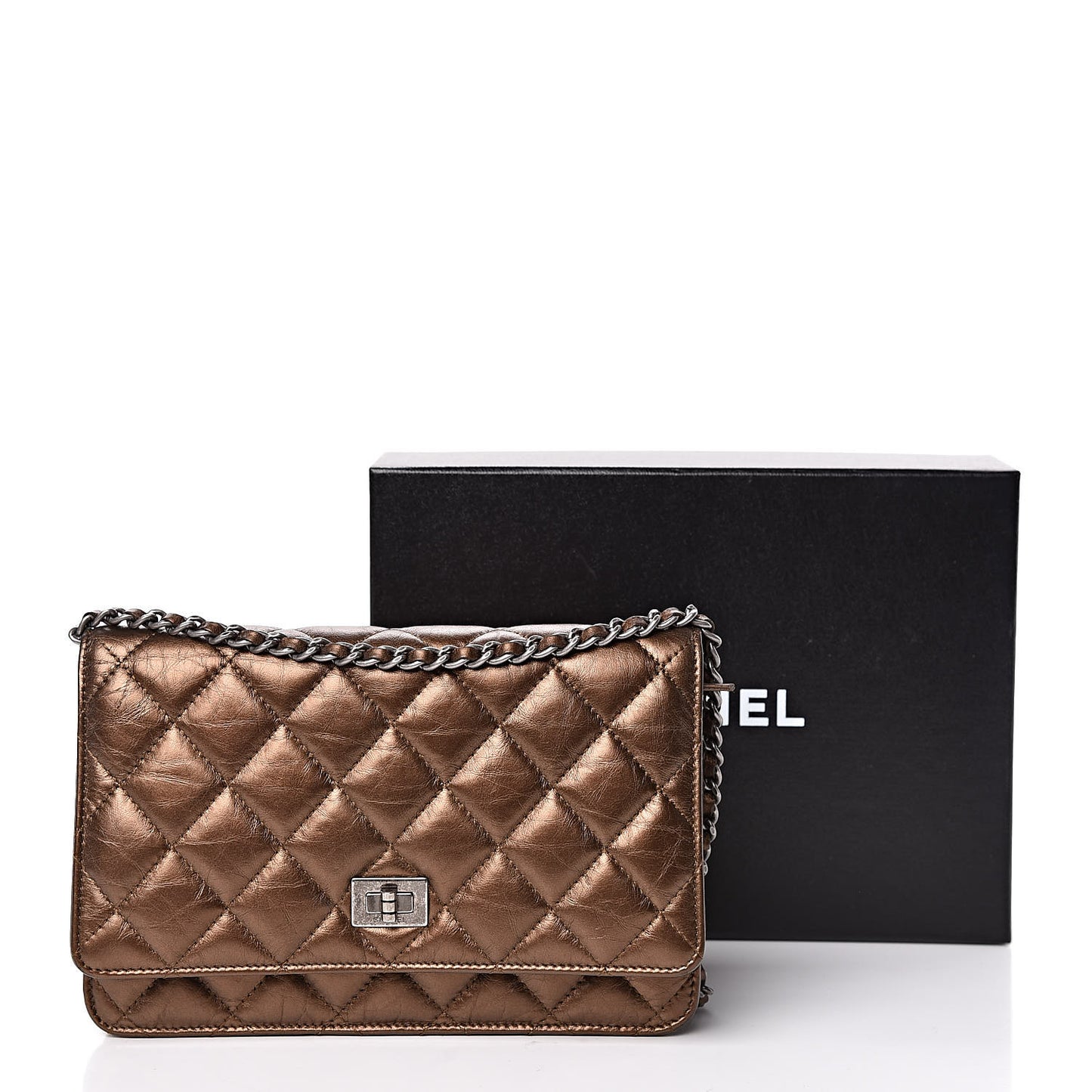 Metallic Aged Calfskin Quilted Reissue Wallet On Chain WOC Bronze