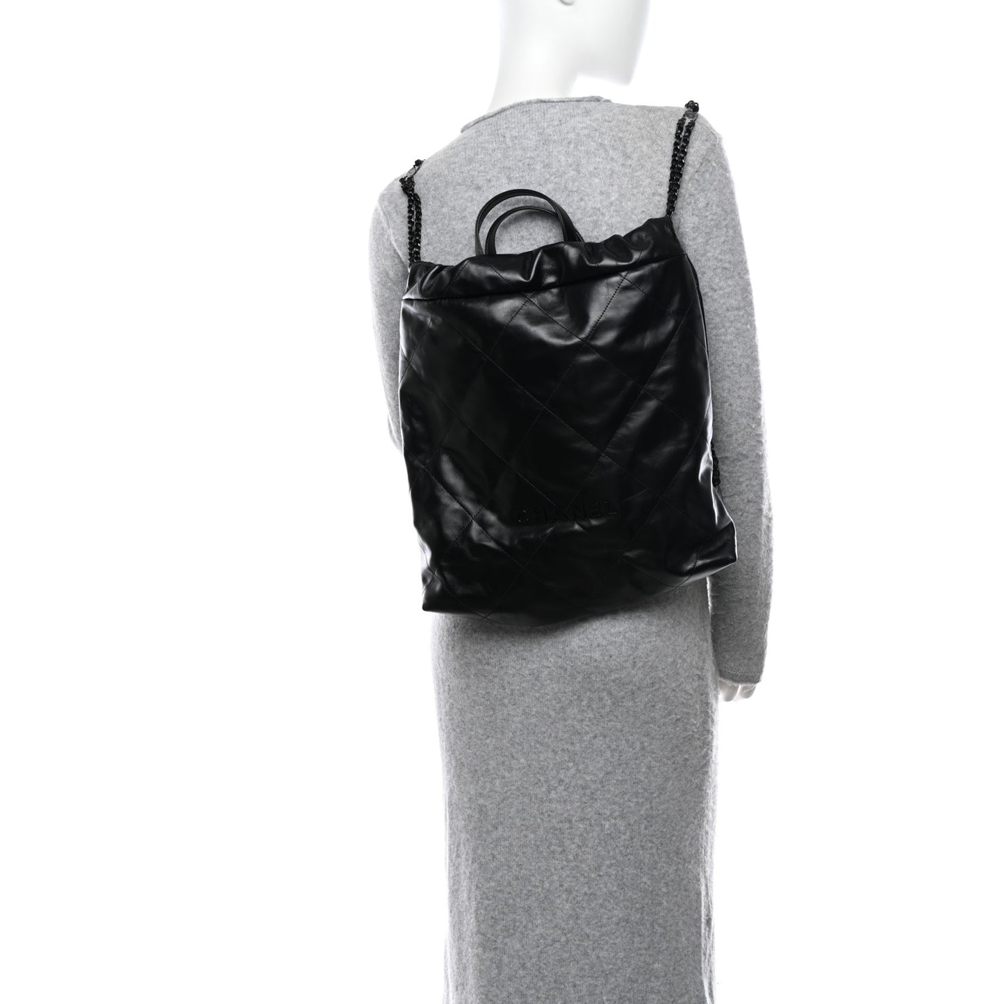 Shiny Calfskin Quilted Chanel 22 Backpack So Black